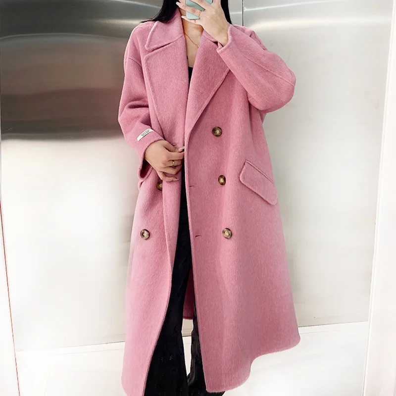 

Promotion 2023 Autumn New Women Drouble Breasted Loose Style Woolen Coat Turn Down Collar Warm Winter Clothes Long Coats Tops