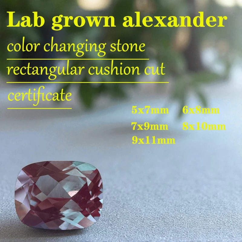 

Alexandrite Rectangular Cushion VVS1 Color Changing Stone Lab Grown Gem DIY Chamrs Jewelry Making Materials with Certificate