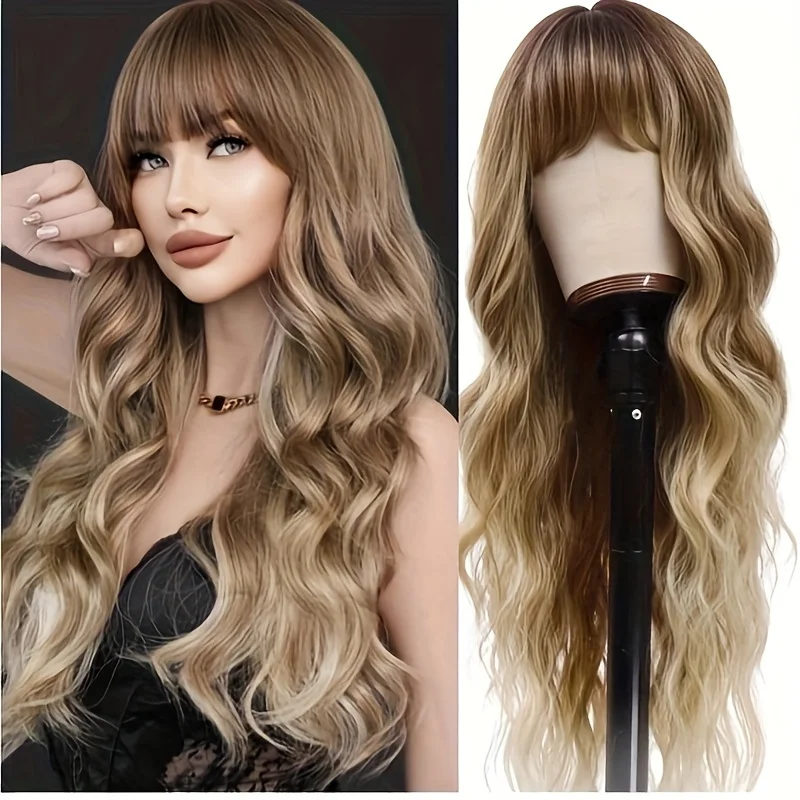 Ombre Blonde Long Synthetic Wavy Wigs For Women, With Straight Bangs, About 26 Inches,  Halloween Christmas Festival