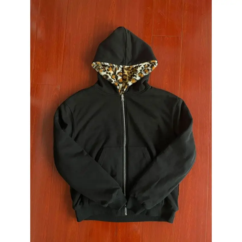 سويت شيرت بغطاء للرأس أوروبي وأمريكي جديد مع سحاب بطباعة الفهد الرجعية على كلا الجانبين، بلوزة فضفاضة #1