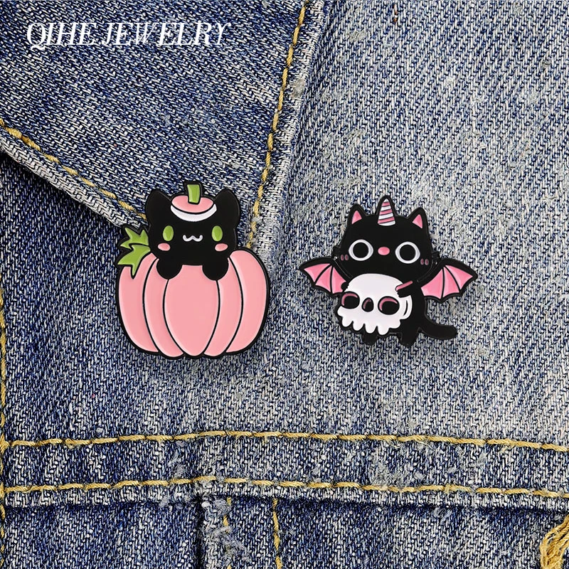 Pastel Goth Black Cat Enamel Pin Halloween Bat Wing Unicorn Horn Cat Holding Skull & Pink Pumpkin Cat Brooch Jewelry Lapel Badge