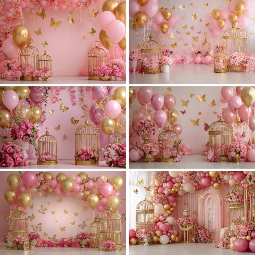 Pink Gold Balloon Butterfly Girl First Birthday Party Backdrop Sweet One Flowers Baby Shower Cake Smash Photography Background