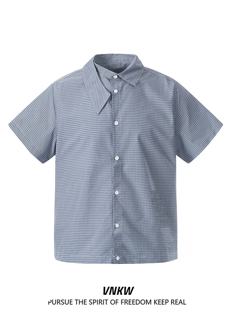 

American Retro Plaid Irregular Collar Men's Casual Loose Short Sleeve Shirt Unisex Style Couple's Shirt Spring Youth Trend