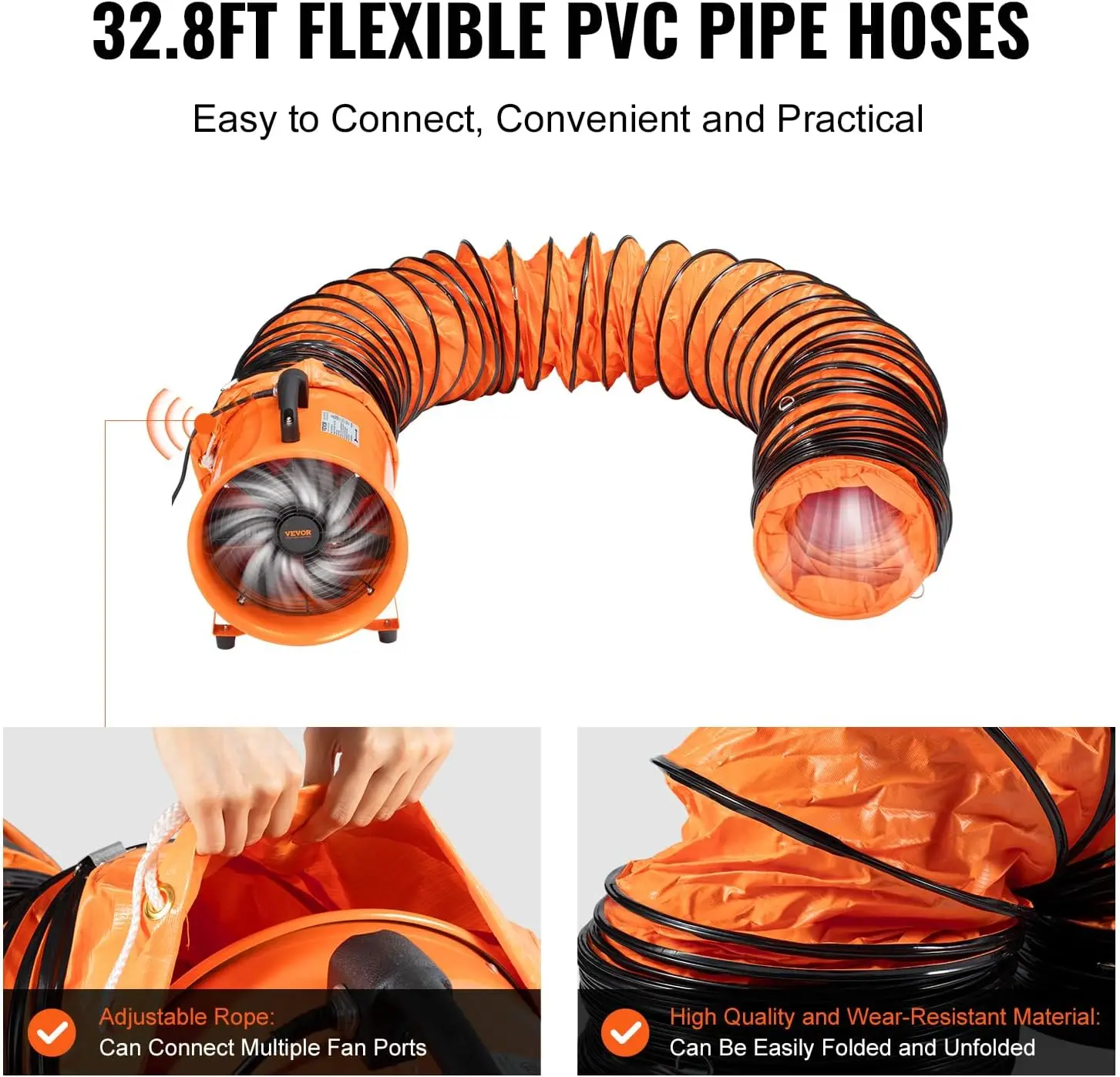 Soplador de aire portátil de alta resistencia de 8 pulgadas con 1070CFM, conducto flexible de 33 pies para ventilación industrial