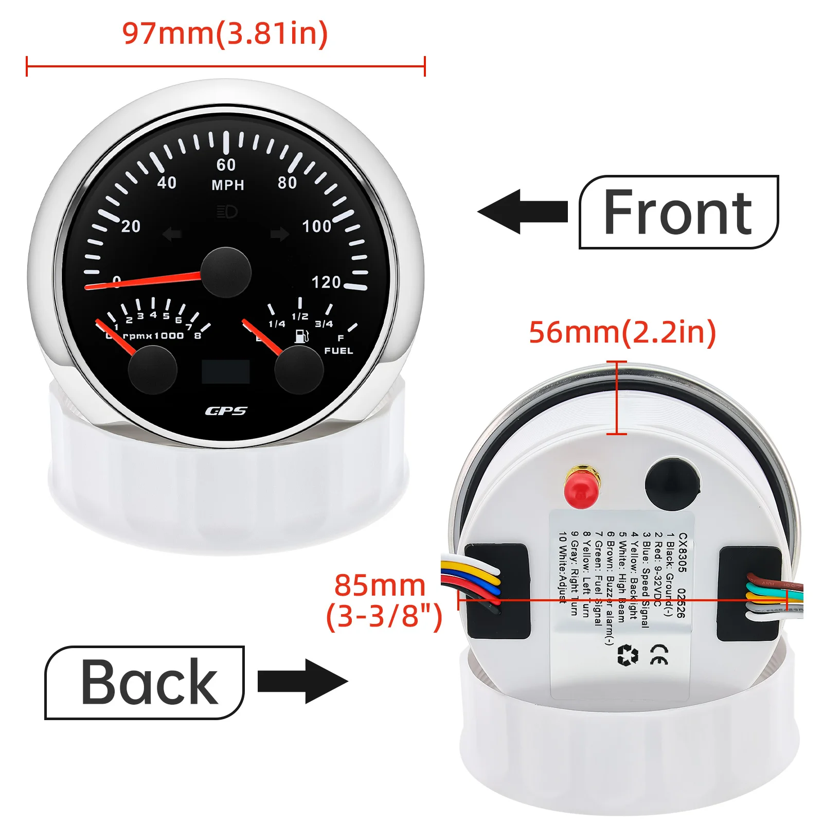 120MPH 200MPH Car GPS Speedometer + Tachometer + Fuel Level Meter 0-190ohm Multi-function 3 In 1 Pointer Gauge 7 Color Backlight