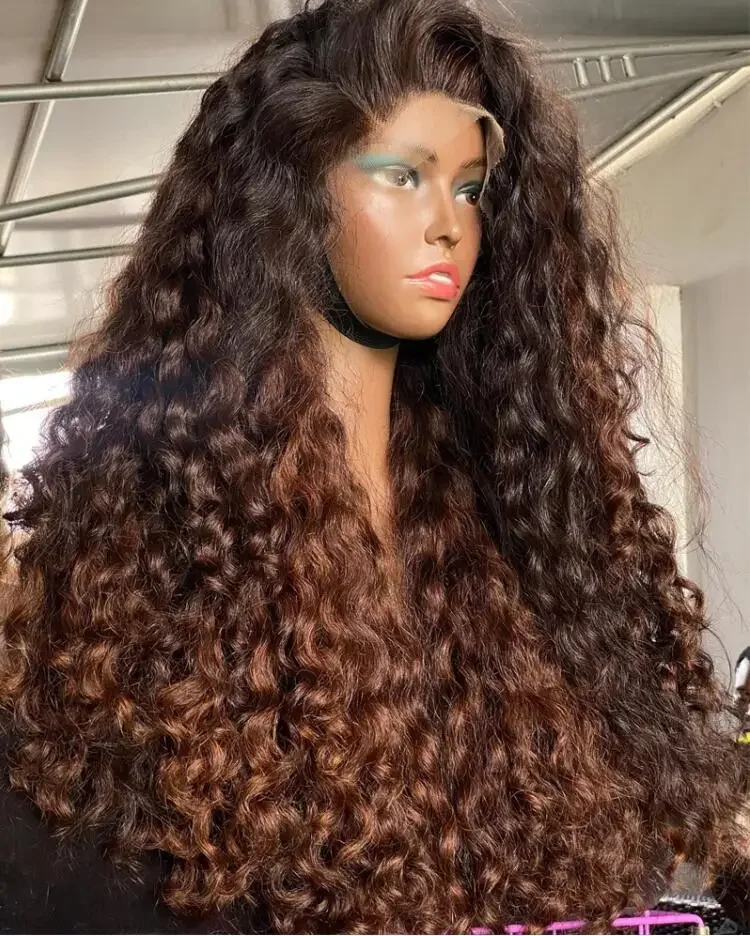 Peruca dianteira do laço encaracolado Kinky para mulheres, cabelo do bebê, resistente ao calor, sintético, pré-arrancado, sem cola, alta qualidade, diariamente, marrom, 180 Densidade