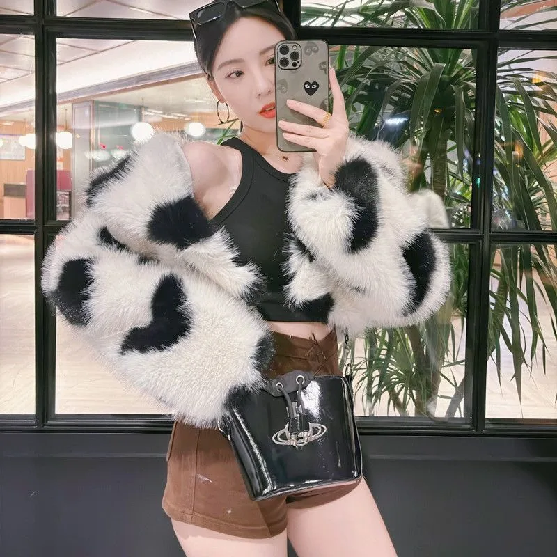 Women's Clothing Fur Coats Shawls Navy Collars Love Hearts Sexy Eco-friendly Furry Coats Chic Korean Style Versatile Coats Fur