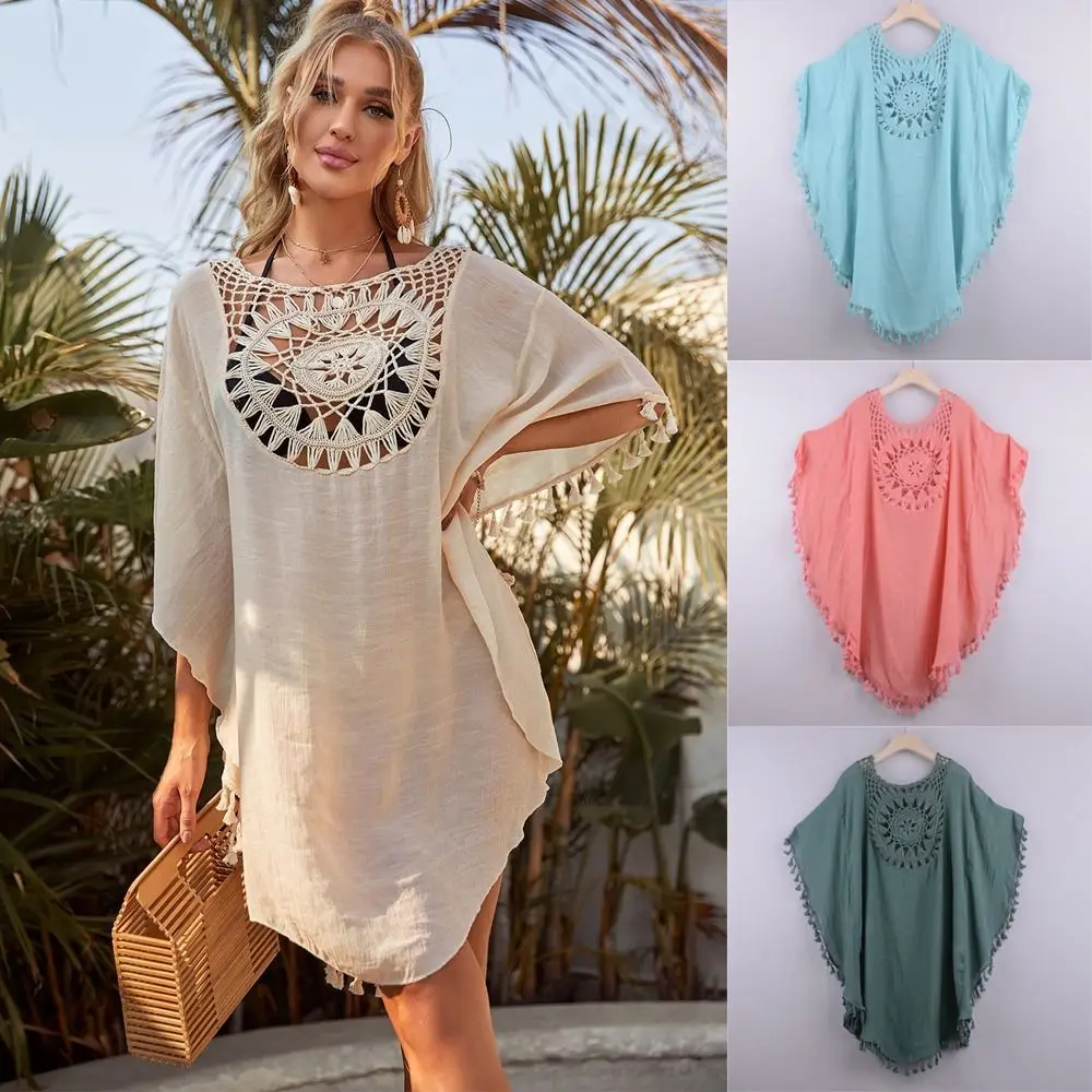 

New Knitted Sunflower Beach Cover Up Large Size Fringe Tunic Bathing Suit Hollow Out Bikini Cover Ups Beach