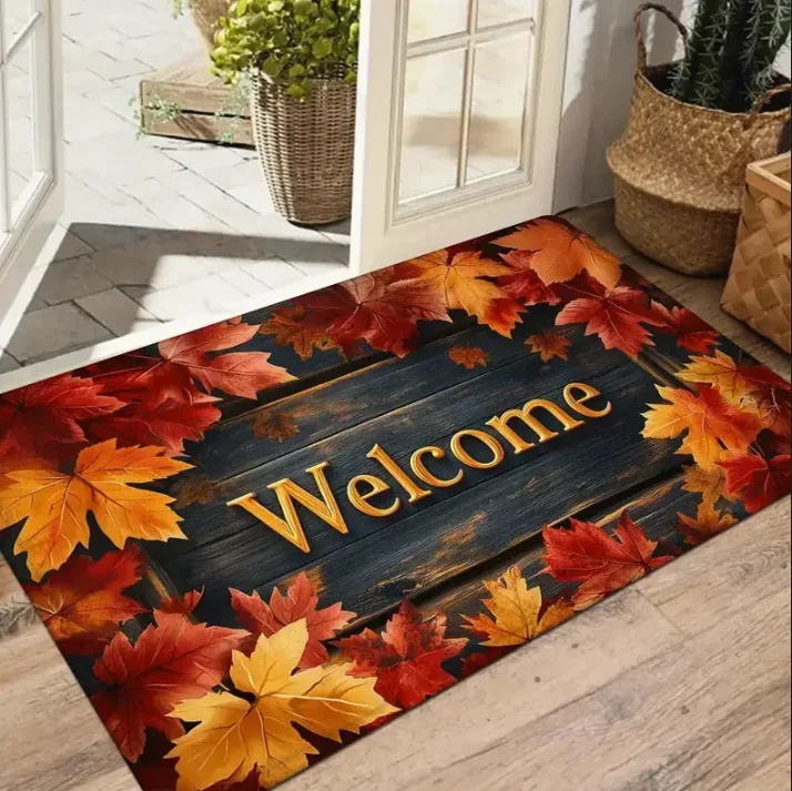 Autumn Maple Leaf Welcome Door Mat Country Style Thanksgiving and Halloween Flannel Comfortable Breathable Home Decoration Rug
