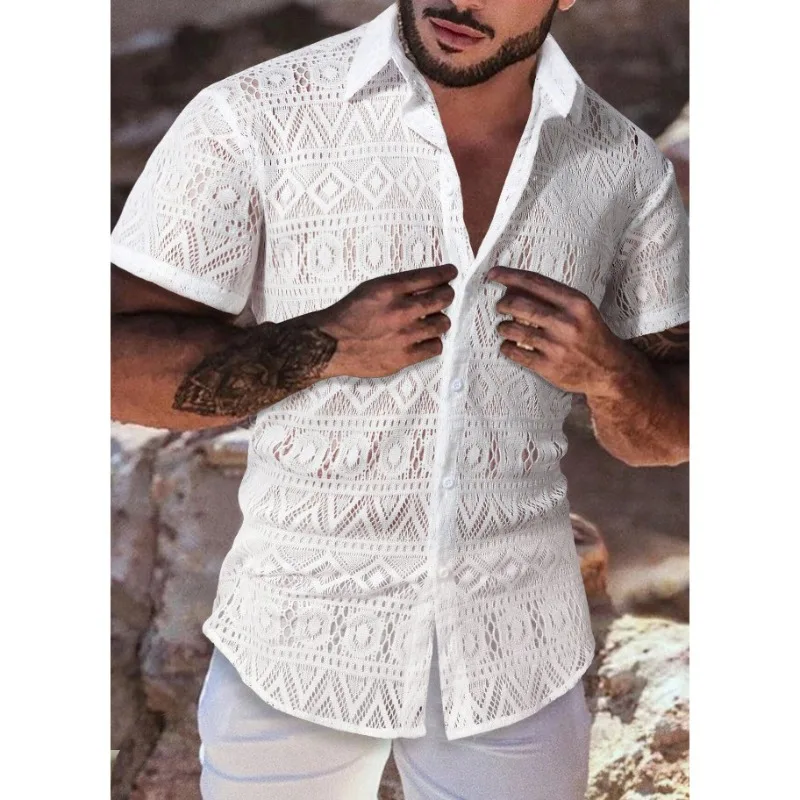 

Niche Cut-out Lace Men's T-shirt Short Sleeve Shirt Breathable Casual Cardigan Solid Color Silky Men's Wear