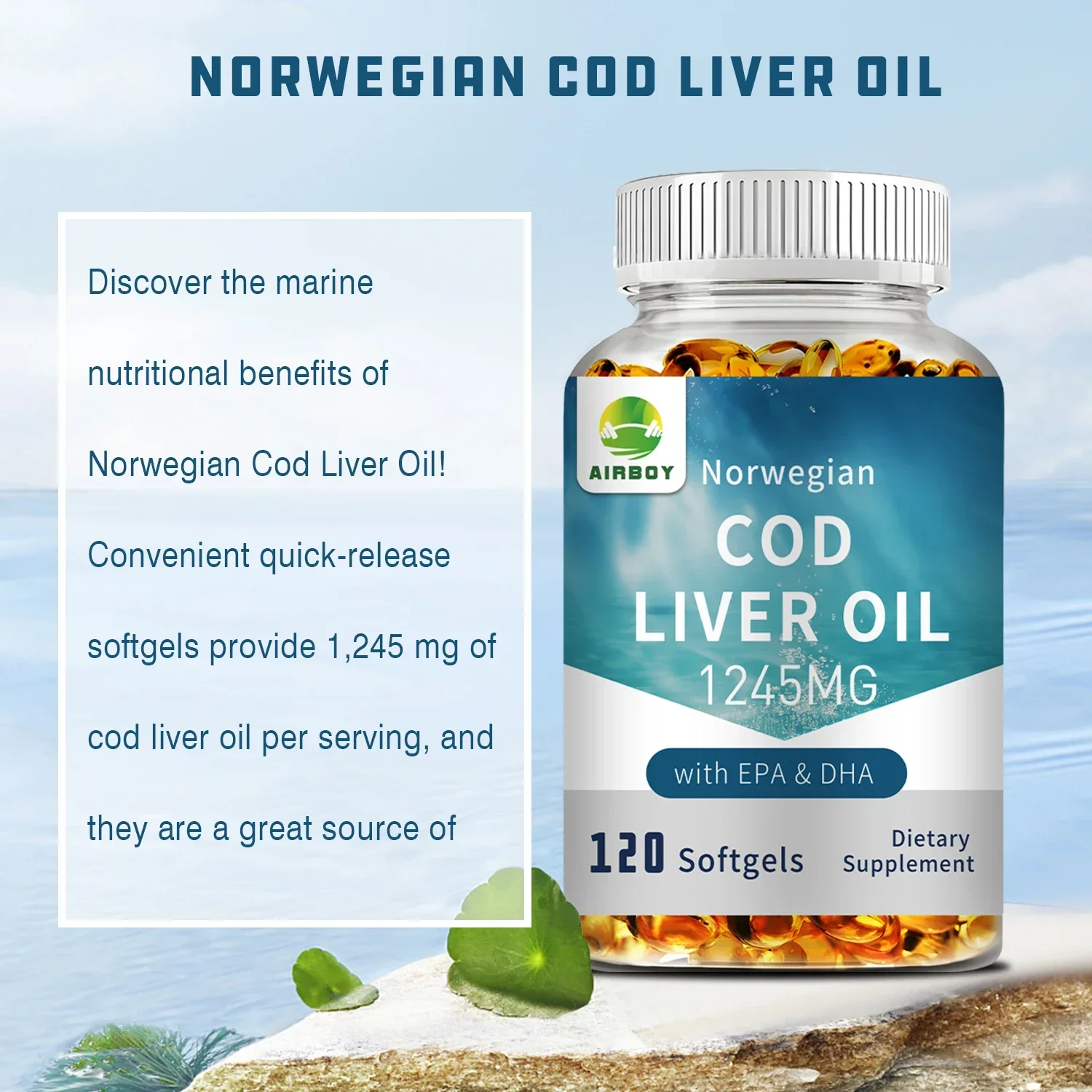 Cod Liver Oil - Eye Support, Skin, Bone, Heart, Eye Health, Antioxidant Supplement, Non-GMO