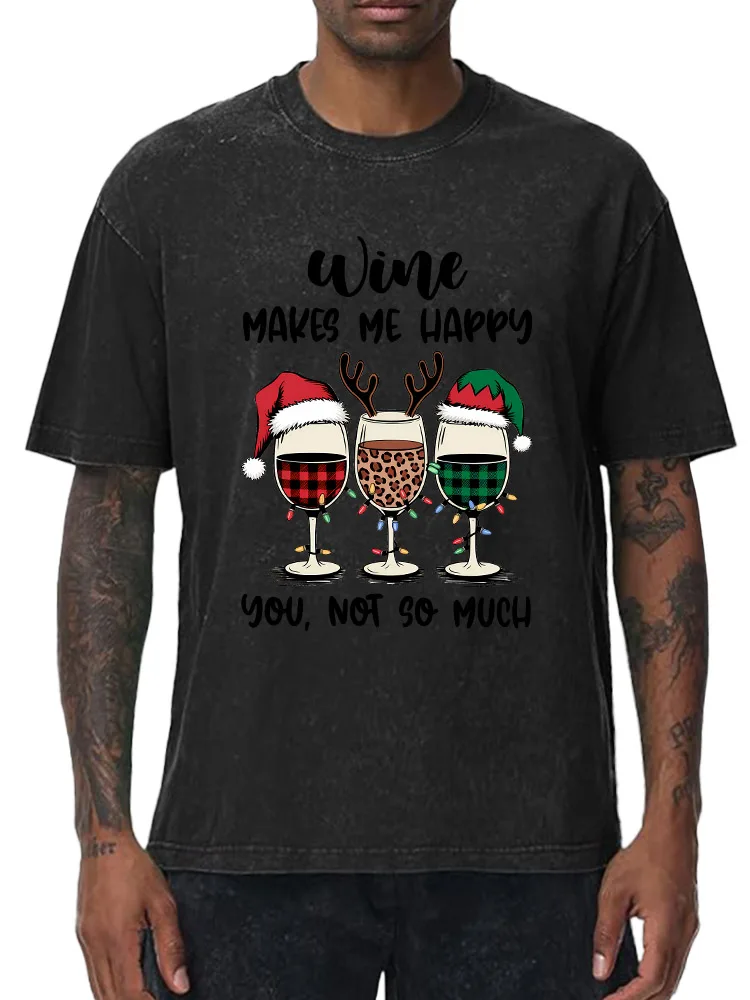 

Wine Makes Me Happy 230g Heavy Cotton Washed Oversized T-Shirt for Men Christmas Graphic Tee Retro Casual Top