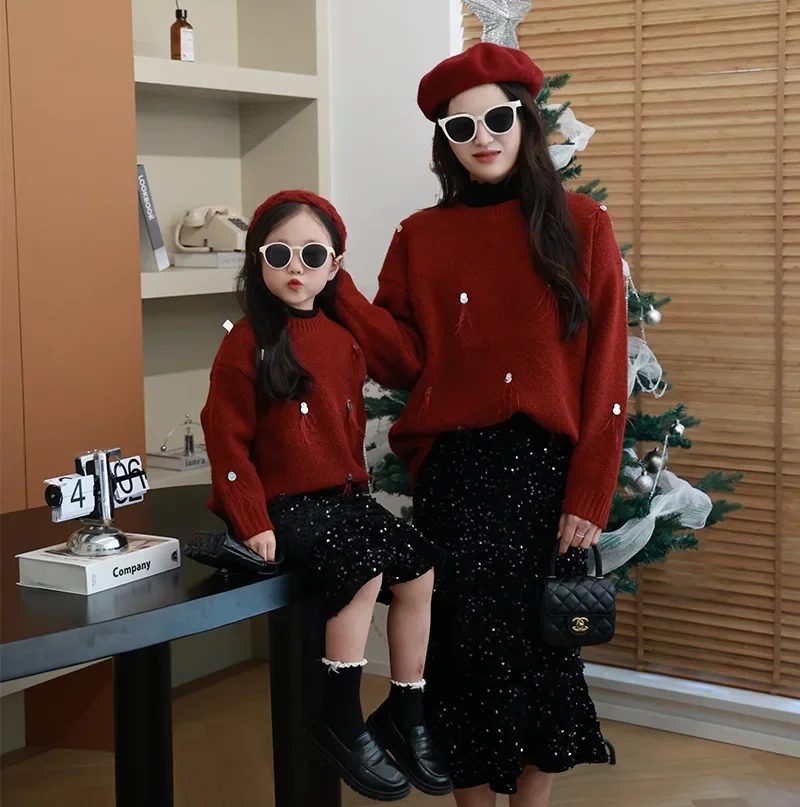 Christmas Winter Mother and Baby Girl Red Sweater New Year Mom and Daughter Matching Knit Jumpers Warm Thick Long Skirts Outfits