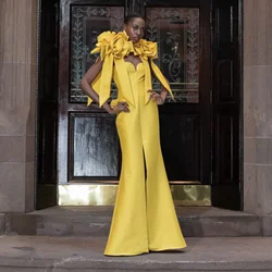 Vestidos de graduación amarillos con volantes y flores, vestido Formal de satén con abertura frontal personalizada, vestidos de fiesta con cremallera en la espalda, Moda de Primavera 2024