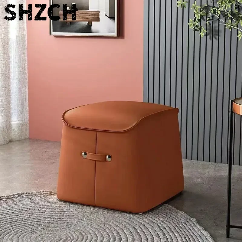 Italian Solid Wood Stool, Waterproof PU Leather Ottoman, Plush Living Room Footrest, Multicolor Tea Room Seating Furniture