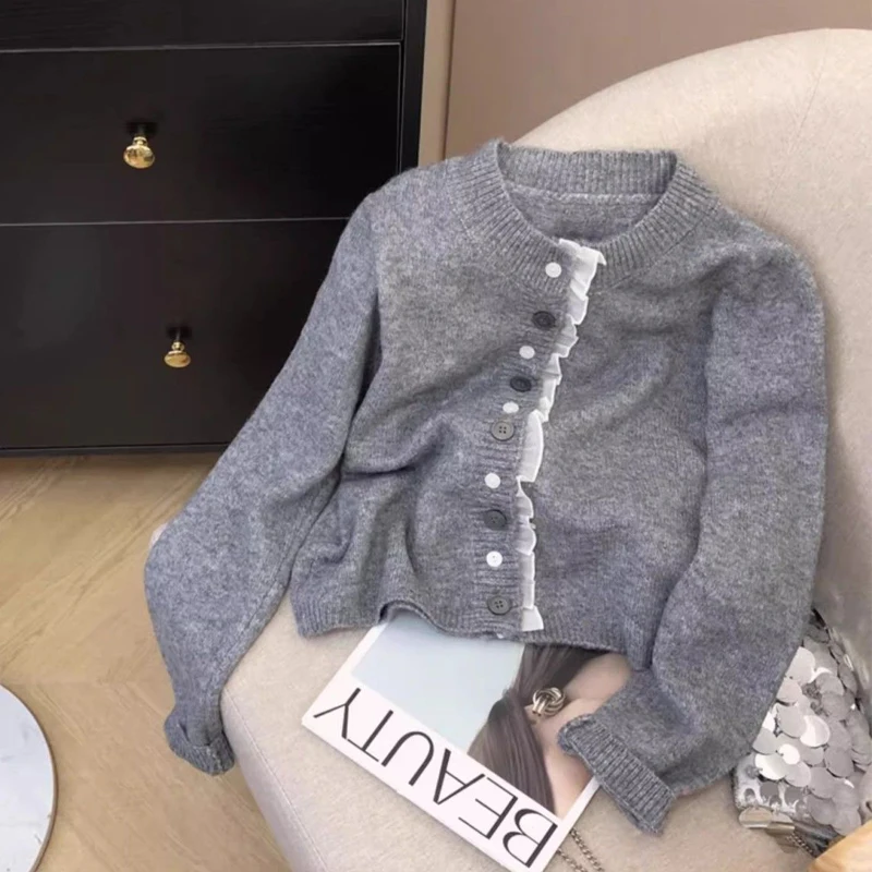 

Autumn New Lace Splicing Knit Cardigan Women Loose Round Neck Single Breasted Soft Sweater Coat Sweet Versatile Retro Outerwear