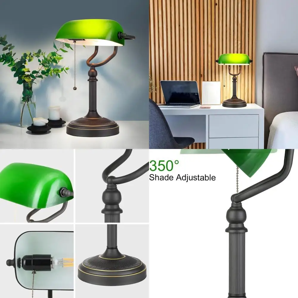 

Antique Green Glass Desk Lamp with Pull Chain and Plug-in Fixture