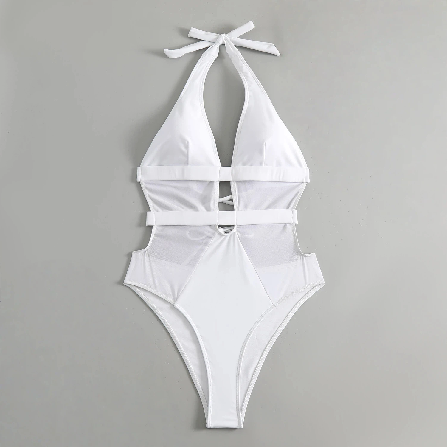 2025 nuevo traje de baño blanco de una pieza para mujer, traje de baño Sexy de malla con recorte Halter y cuello con Control de barriga, secado rápido para vacaciones en la playa