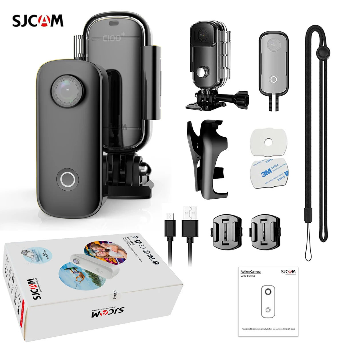 SJCAM C100+ 2.4G WiFi Mini Action Camera 4K 30fps Thumb camera Wearable Camera,30M Waterproof,APP Control,Small Vlog Helmet Kits