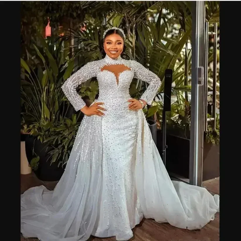 Customized New Arrival Beaded Mermaid Wedding Dresses With Detachable Train High Collar Long Sleeve Plus Size Bridal Gowns