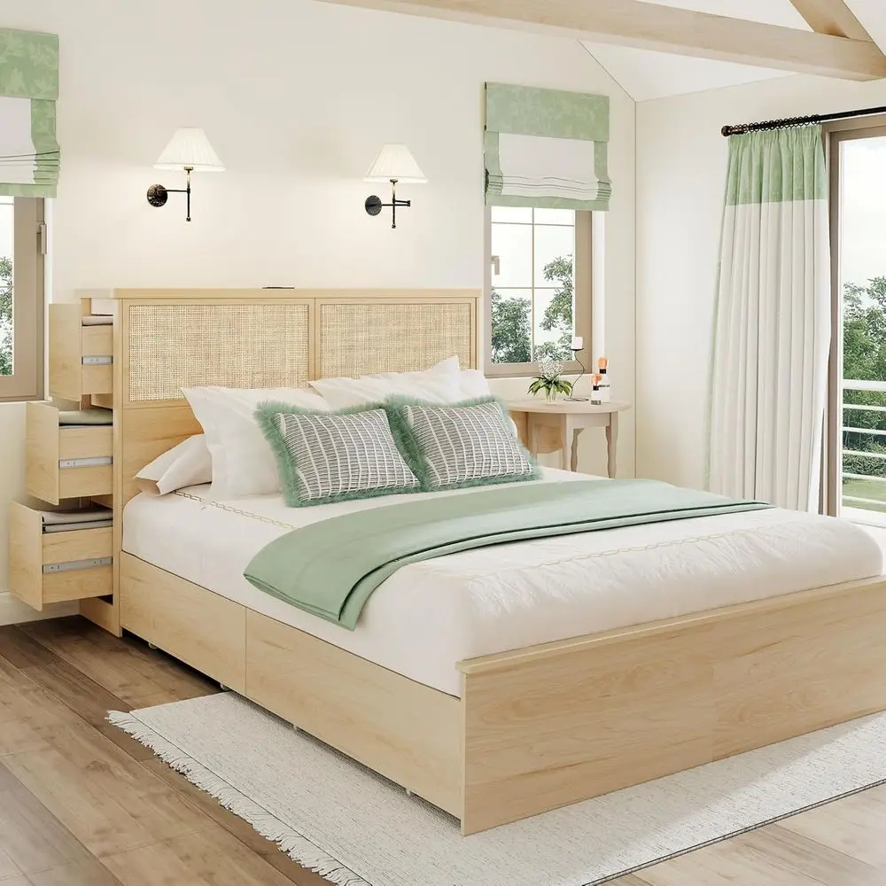 

Кровать размера Queen из ротанга с 10 ящиками, широкой полкой для хранения, высокой деревянной кроватью в стиле бохо (48 дюймов), стальным каркасом, зарядной станцией, прочным бамбуком