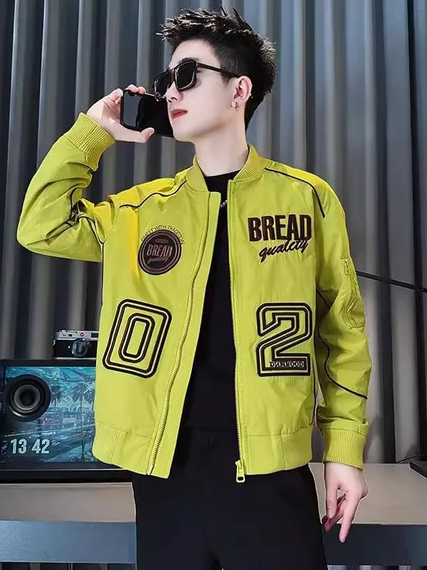 

Spring Autumn Men's Embroidered Letter Jaet Sli Casual Versatile Slim Fit Coat Polyester Fabric Long Sve Zipper Closure