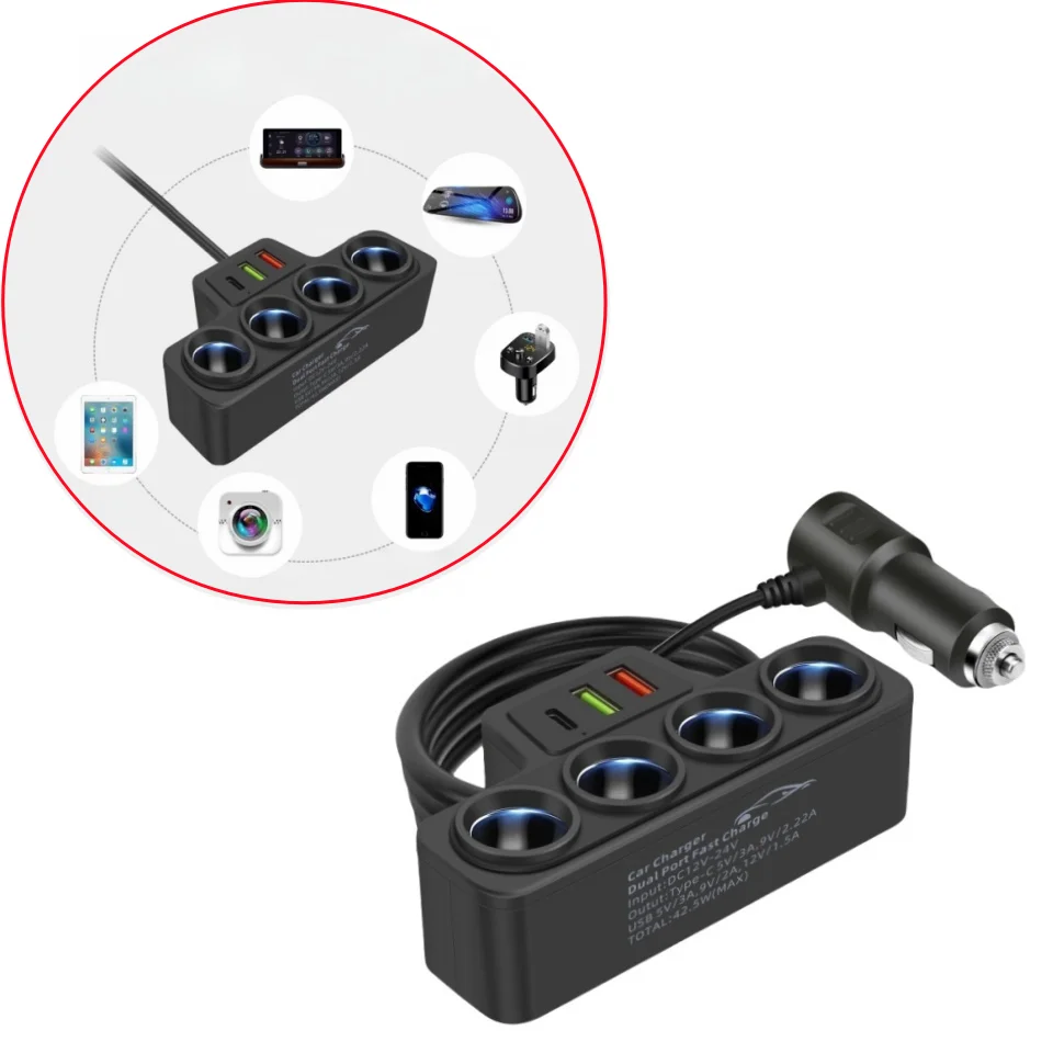 120W Car Cigarette Lighter Adapter USB Charger 4 Socket Splitter 12V/24V Quick Charge Auto Power Outlet Fast Charging Accessory