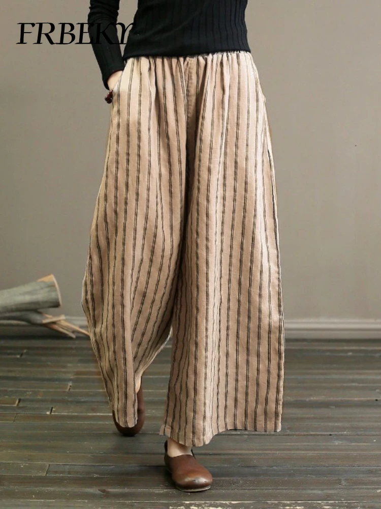 Damen hose Sommer Vintage Baumwolle und Leinen gestreifte Hose mit weitem Bein dünn drapiert lässig gerade neun Hosen Freizeit hose