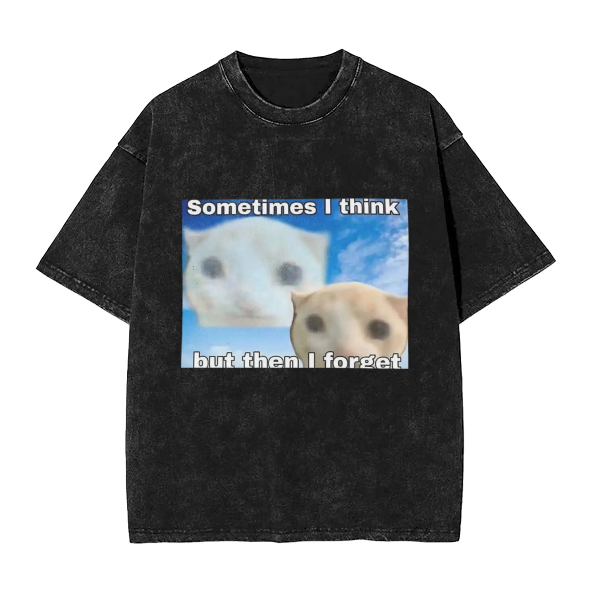 forgetful meme cat Unique Cool A Washed T Shirt Men's Women's Oversized Cotton Tees Tops