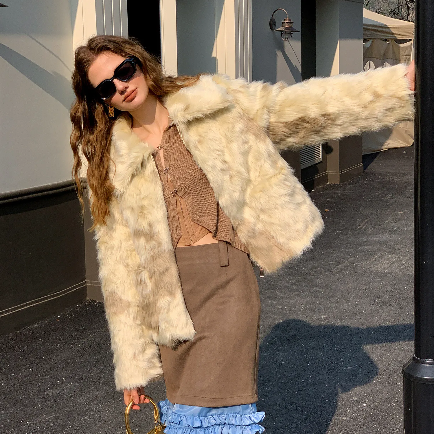 Vintage Winter Women Long Hairy Tie Dye Gradient Fox Faux Fur Coat Lapel Collar Long Sleeve Warm Shaggy Jacket Short Outerwear