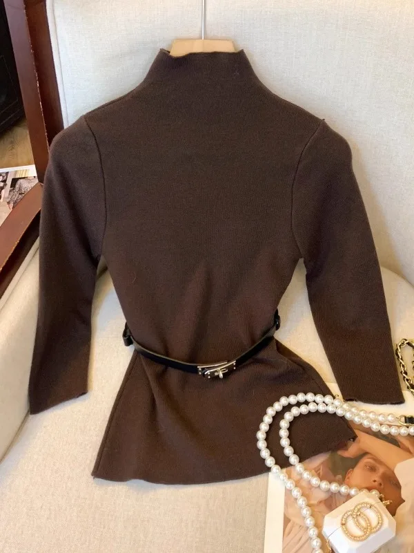 Slim Fit haute Ne tricot pull Base irt femmes automne hiver ceinturé sept Sve à capuche couleur doux Sle chinois fait