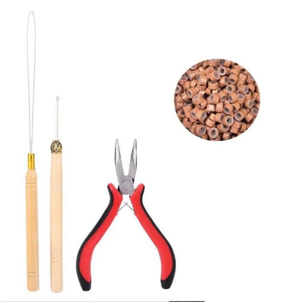 Hook Needle Hair Extensions Tools Kit Crochet Hook Loop Threader 500pcs Micro Ring Beads Silicone Rings DIY Micro Beads Plier