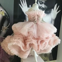 Pink Flower Girl Dresses for Wedding Beading Ruffles Puffy Girl Kids Birthday Party Sleeveless First Communion Gown Customized