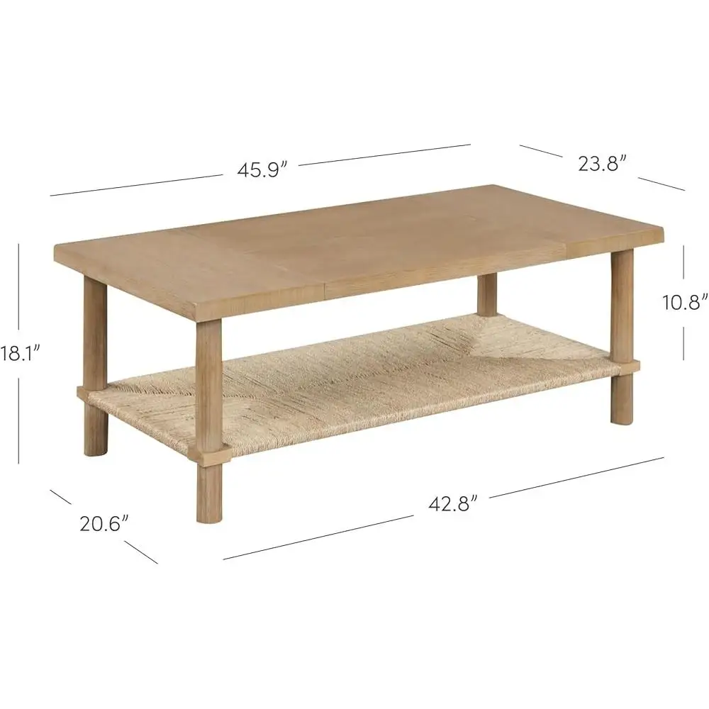 Rectangle Coffee Table with Storage 2-Tier Structure Solid Wood Legs Natural Seagrass Shelf Living Room Organization