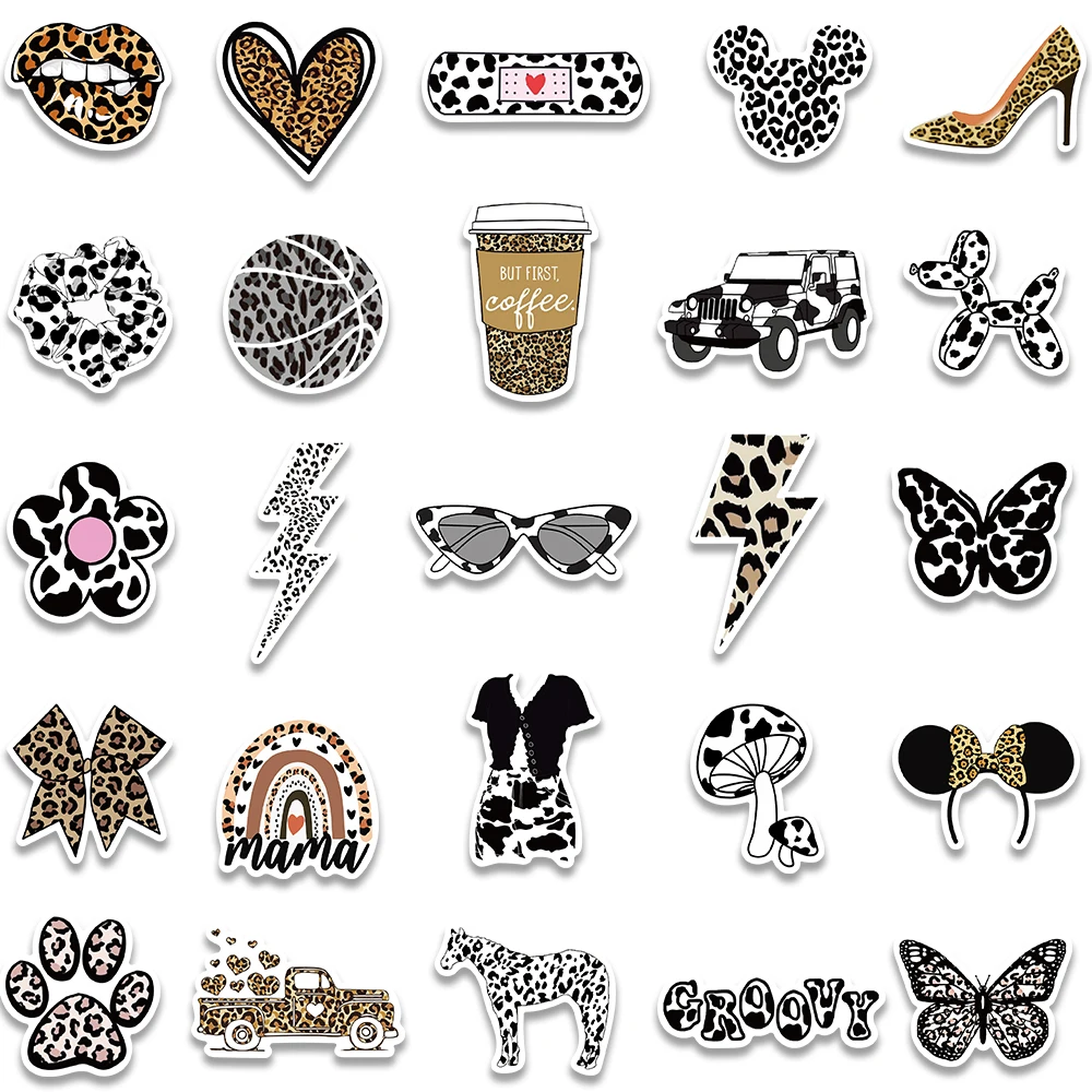 Retro Cartoon preto e branco Leopard Print Adesivos, à prova d\'água, decalques para laptop, guitarra, telefone, grafite, bicicleta, carro, 50pcs
