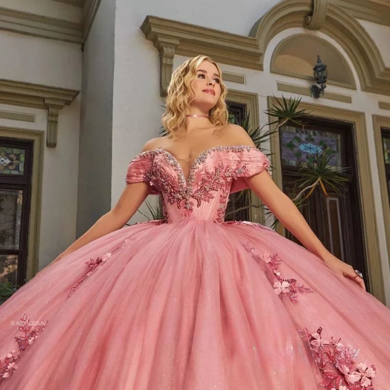 Robe de princesse rose avec appliques en dentelle A-Line, robes de Quinceanera, col en V Off Initiated, perles de tulle Bling Bling, robe de fête d'anniversaire, 15