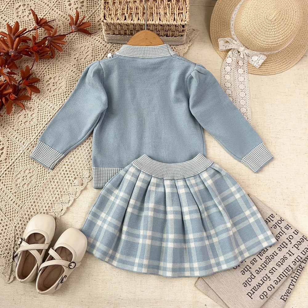 Korean Version Blue Casual 2-6 Year Old Girl Knitted Suit Autumn Patterned Long Sleeved Sweater+plaid Pleated Skirt