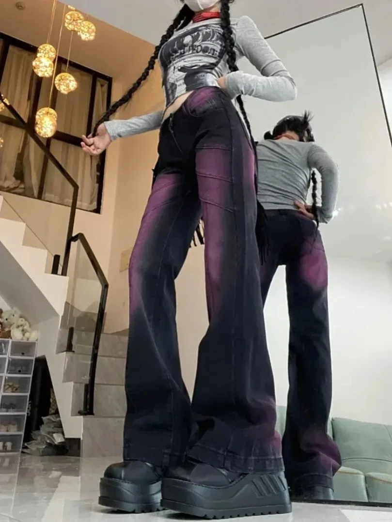 

Женские джинсовые брюки-клеш, фиолетовые широкие брюки большого размера с высокой талией, в американском винтажном стиле, осень 2024