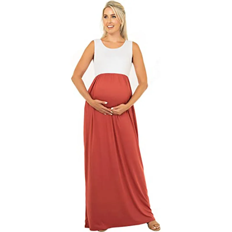 New Summer Casual Dresses For Pregnant Ladies Premama Contrast Color Beachwear Maxi Dress Maternity Gown Pregnancy Women Clothes