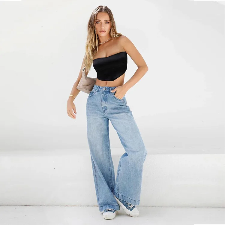 Vrouwen Jeans Wijde Pijpen Broek Denim Zakken Streetwear Losse Hoge Taille Volledige Lengte Wassen Rits Platte Effen Kleur 2024