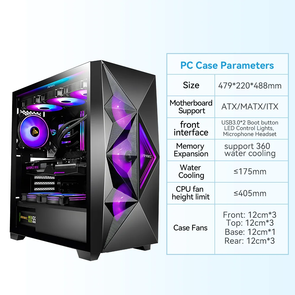 Antec DP503 Tempered Glass Side Translucent Chassis Case LED E-ATX ATX Lightning 3 PIN ARGB PC Case Computer Graphics Card Case