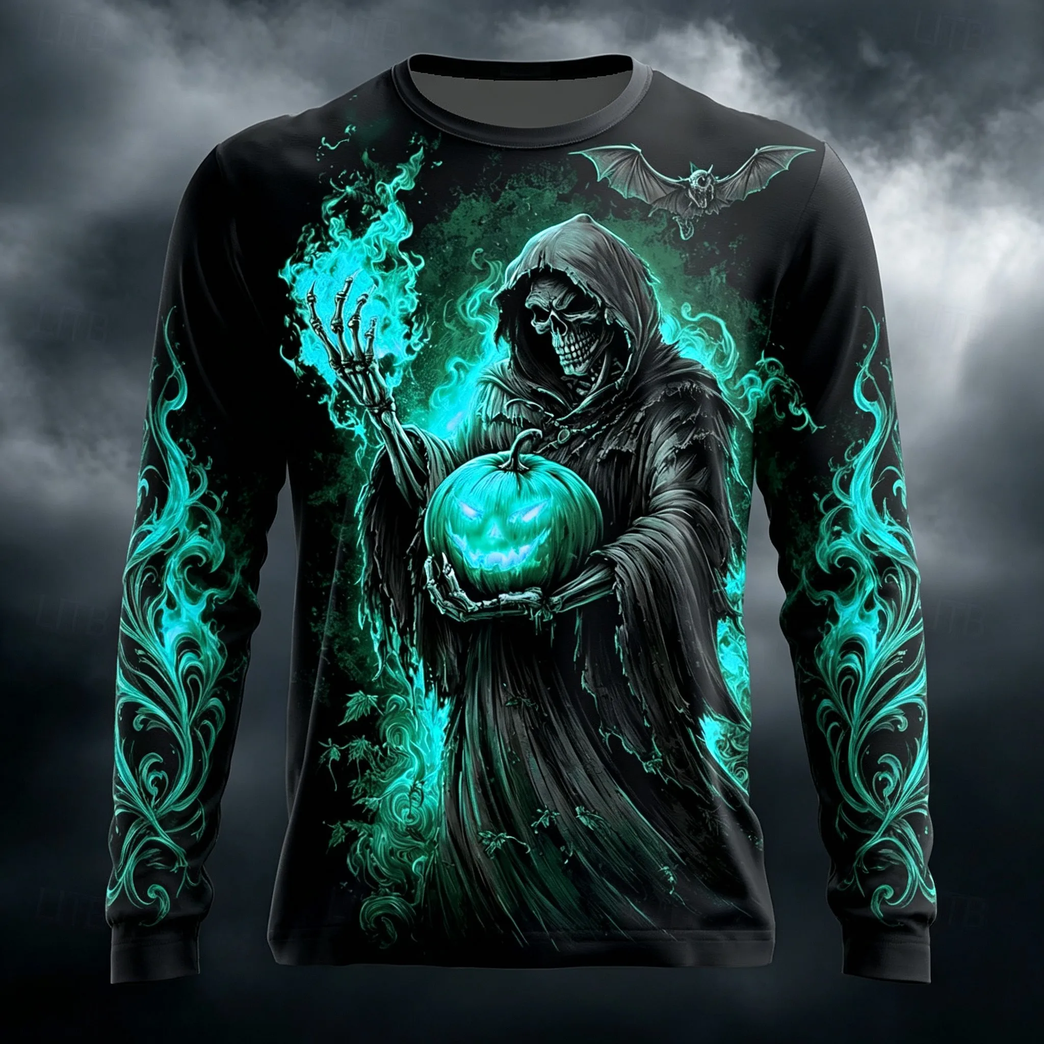 Men's Long Sleeve T-Shirt Grim Reaper Pumpkin Bat 3D Print Halloween Flame Gothic Crew Neck Casual Tops
