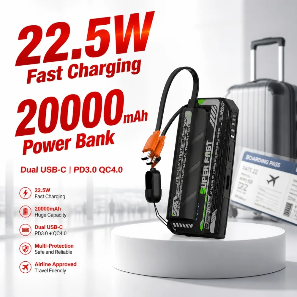 22.5W 20000mAh Power Bank Dual USB-C PD3.0 QC4.0 Fast Charger for iPhone 16/15 Pro Max Samsung S24/S23 Ultra Note20 Pixel iPad - view 6