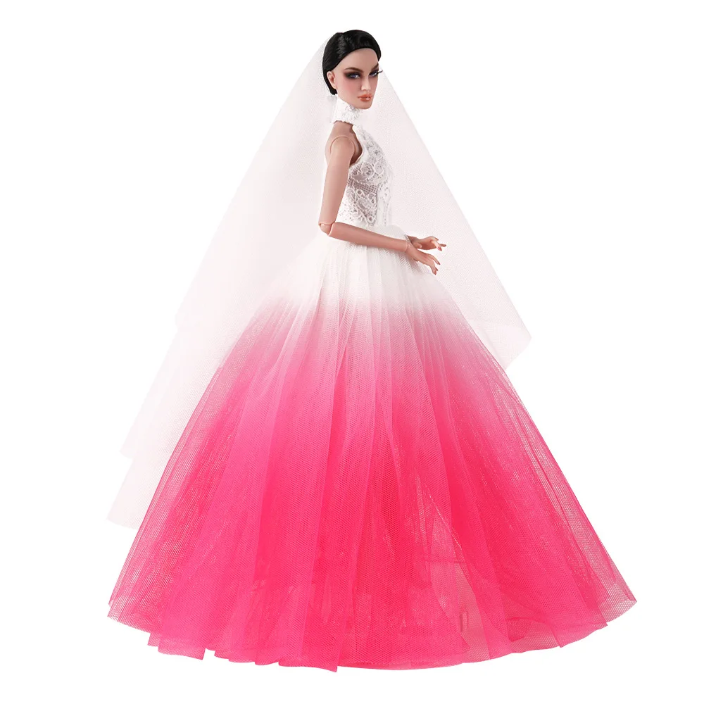 1/6 Fashion Sweet Gradient Blue/Pink Wedding Dress Clothes For 30cm Doll Supermodel Princess Dress Trailing Wedding Dress Up Toy