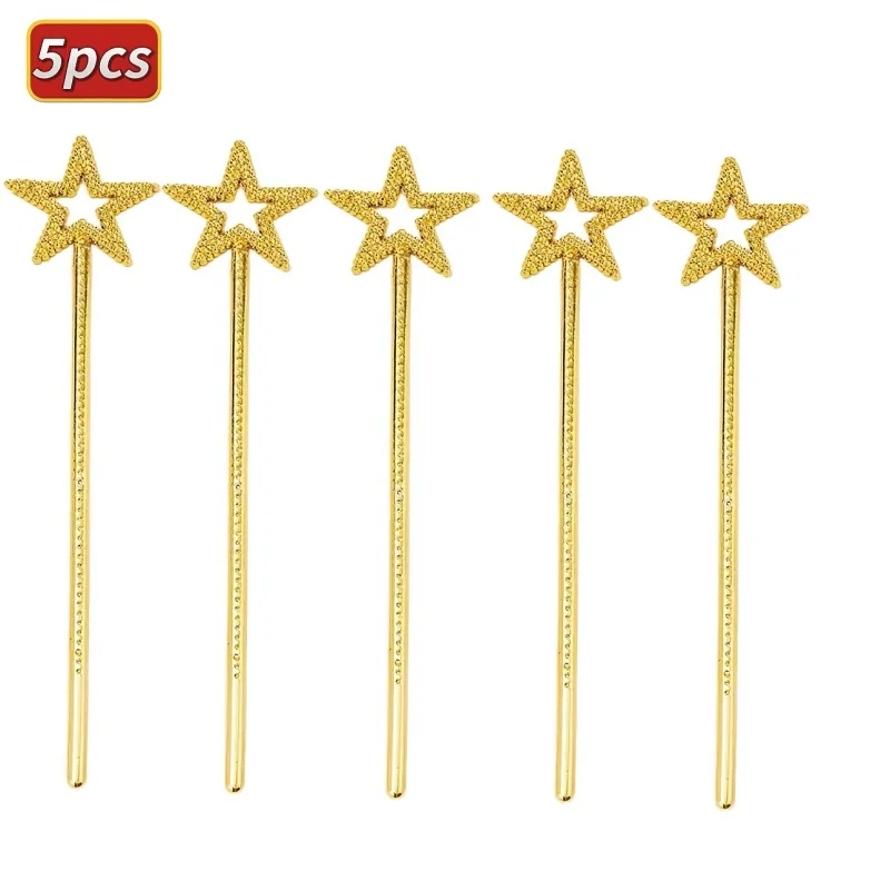 5Pcs Gold Silver Star Magic Wands, Halloween Cosplay Handheld Sticks, Party Stage Performance Dress‑up Accessories