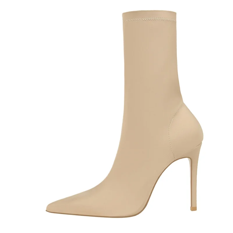 

Aneikeh Winter Fashion Stretch Fabric Socks Ankle Boots Women Pointed Toe Thin Heels Slip-On Shoes Female Pumps