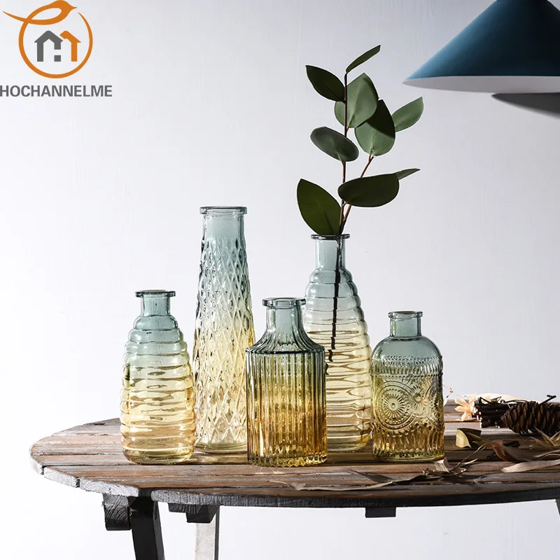European Hipster Embossed Transparent Glass Vase Home Decoration Vases for Homes Flowers Wedding Decoratio