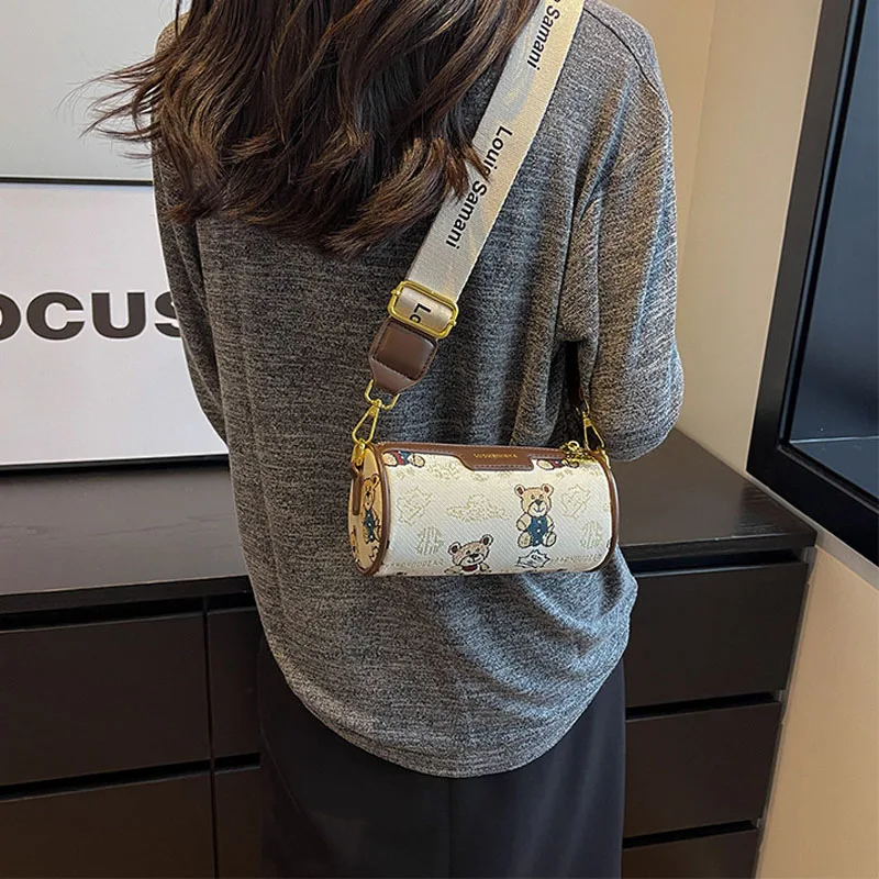 cylinder bag woman 2023 new women's shoulder bag trend fashion cross-body mobile phone bag chessboard plaid wide shoulder belt