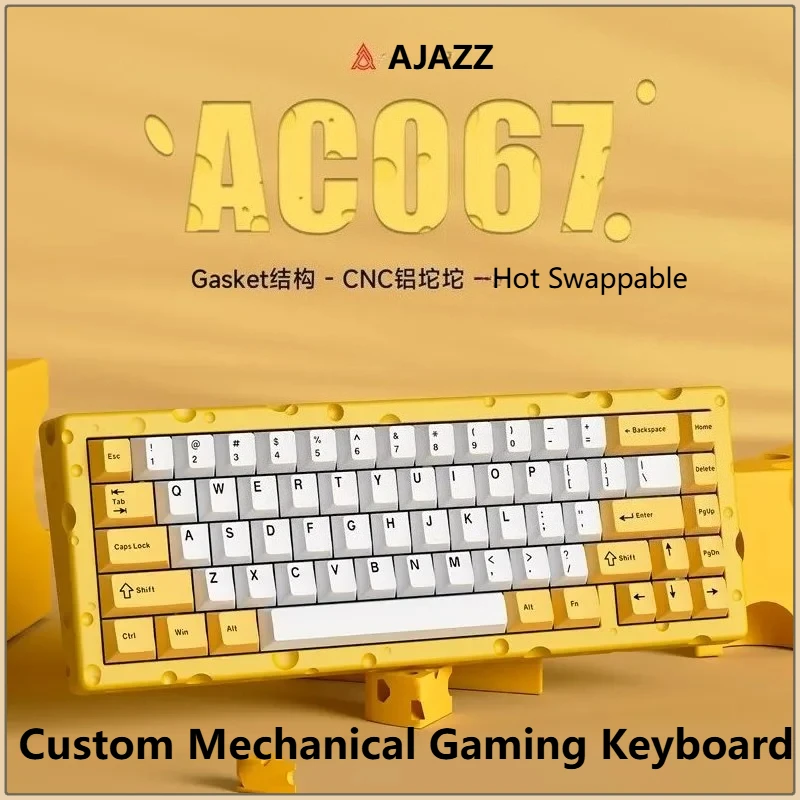 

Ajazz AC067 Cheese Theme Mechanical Keyboard Games Gasket Structure Hot Swappable Wired CNC Aluminum Gift Keyboard for Girls