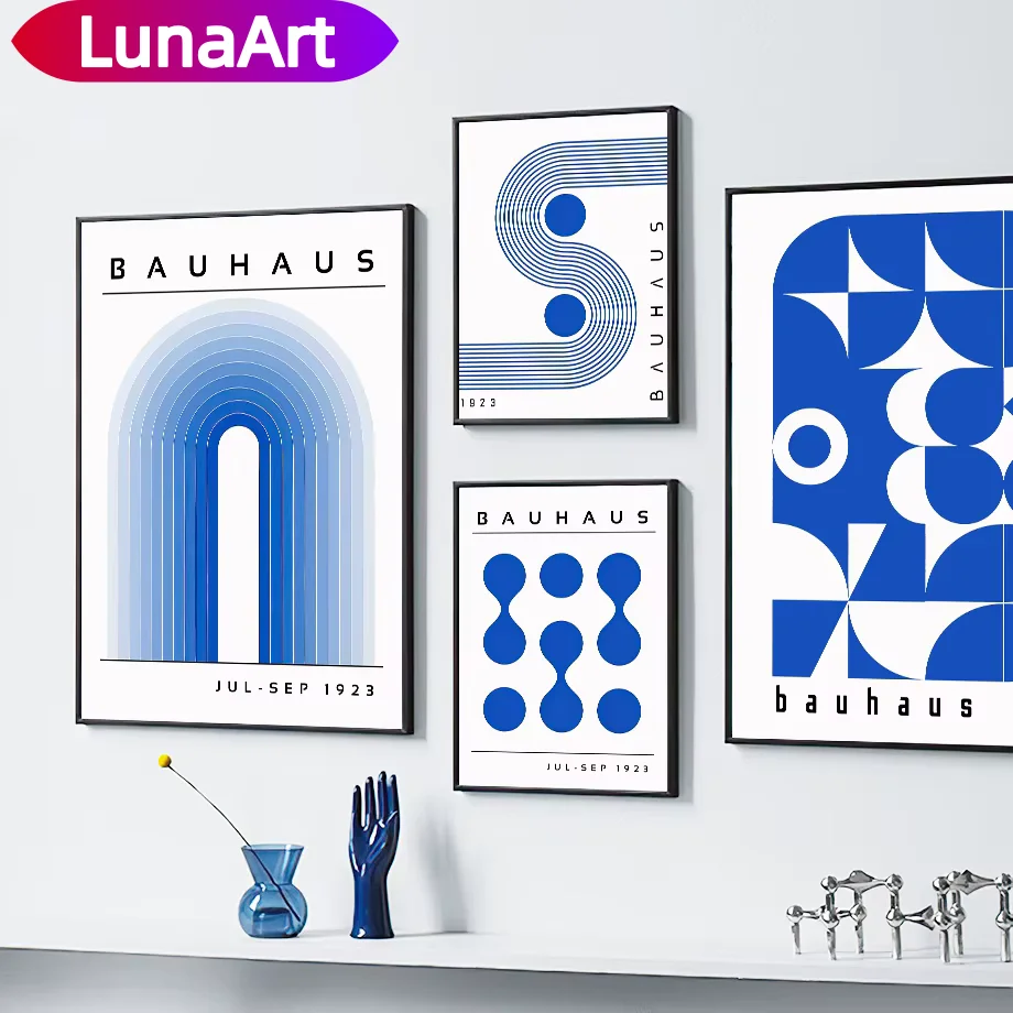 Pósteres LunaArt, Bauhaus azul moderno medieval, pintura impresa en lienzo, arte de pared, carteles artísticos de alta calidad, decoración, regalos.